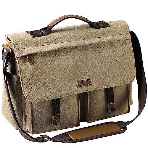 VASCHY Sac Bandoulière Homme, Vintage Sac de Messager Besace Sacoche Homme Résistant à l'Eau Ciré Toile Convient Portable de 15,6 Pouces Sac à Épaule Mallette avec Bandoulière Rembourrée Chameau