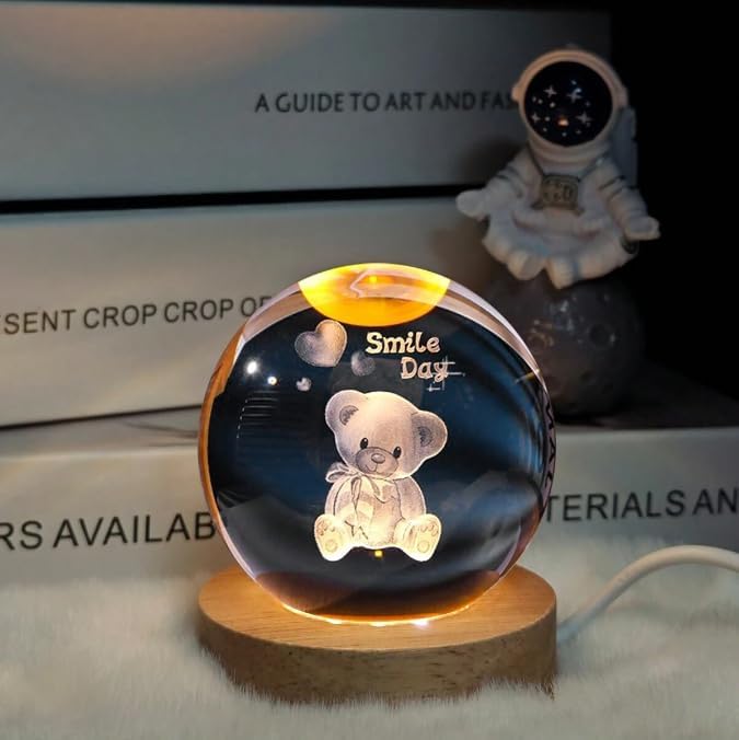 Image of STARKENDY 3D Smile Day Crystal Ball LED Night Lamp, Creative Engraved Night Light Wooden Base, Warm White Decorative Table Lamp for Home, Office, Bedroom, Birthday Gift