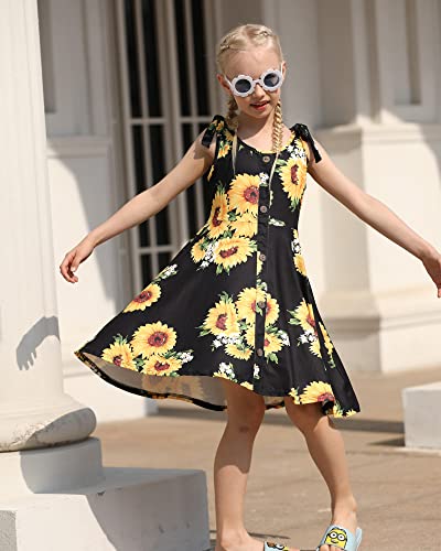 Alisister Girls Dresses Sunflower For Big Toddler Kids Sleeveless Shoulder Strap Tie Dress Floral Summer Party Outfits Twirl Sundress With Button Up Size 7-8 #TOP4