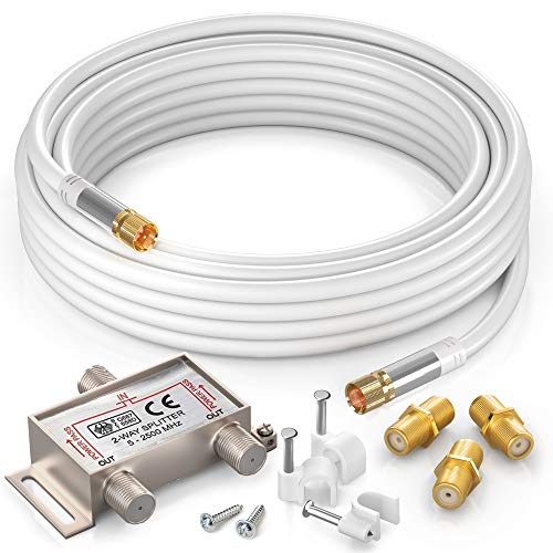 Coaxial Cable RG6 (75feet, White) Quad Shield Straight Male F-Type Connector with 2 Way Splitter, Couplers, Nail Cable Clips