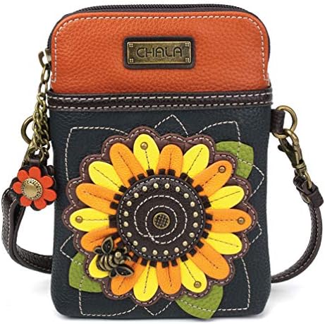 CHALA Plant Life Collection Cell Phone Crossbody Purse-Women PU Leather/Canvas Multicolor Handbag with Adjustable Strap - Sunflower - navy