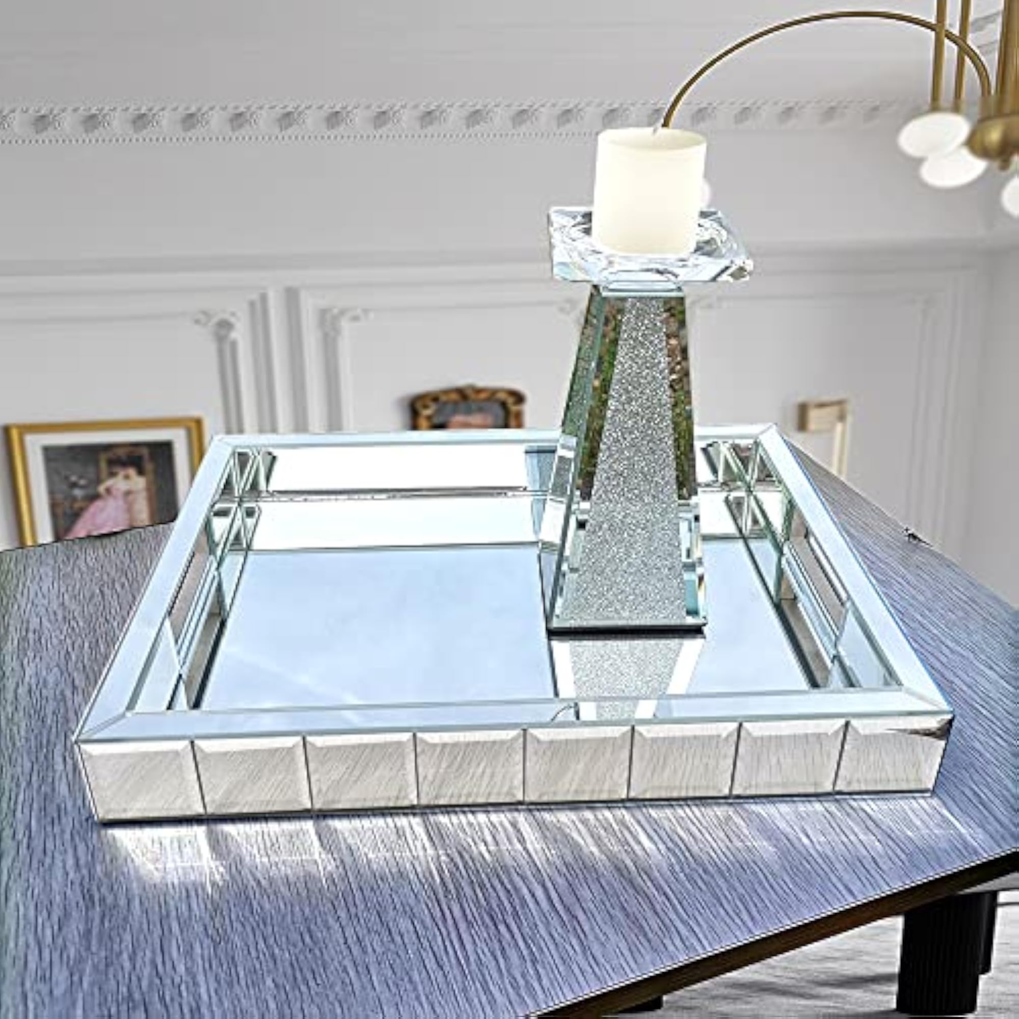 Decorative Mirrored Vanity Tray with Glass Border