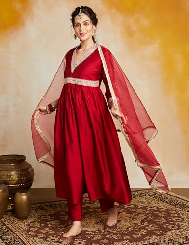 Image of Amazon Brand - Myx Women's Embroidered Anarkali Kurta Set with Organza Dupatta (Available in Plus Sizes)