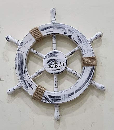 Roue de navire avec corde naturelle et finition blanche effet vieilli patiné - 5