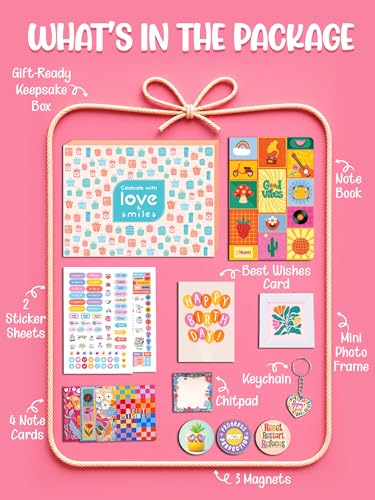 Image of DOODLE Happy Vibes Gift Hamper for Girls | 14 Cute Goodies with Notebook, Stickers, Photo Frame, Magnets, Key Ring, Thoughtful Card, Notecards & Chit Pad | Ready-to-Gift Birthday Hamper
