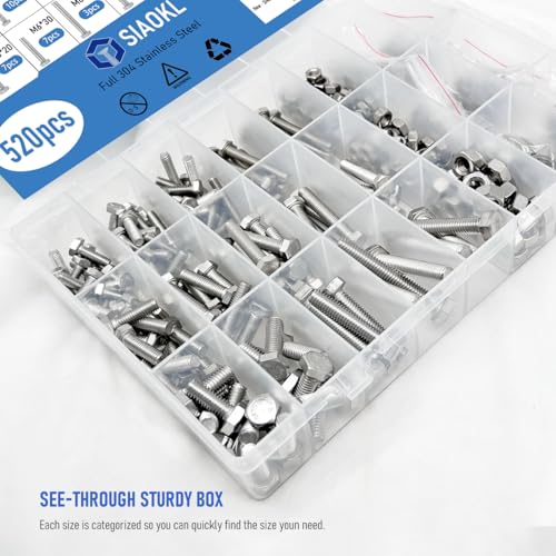 SIAOKL 520pcs Hex Bolt and Nuts and Washers Assortment Kit, 304 Stainless Steel Machine Screws Bolts Nuts Flat & Spring Lock Washers Set-M4 M5 M6 - Image 6