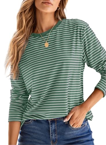 Dokotoo Womens Tops Striped Long Sleeve Round Neck Knit Shirts Comfy Color Block Basic Tee Top Spring Autumn Blouses Spring Clothes for Women 2026 Shirts Green Stripe X-Large
