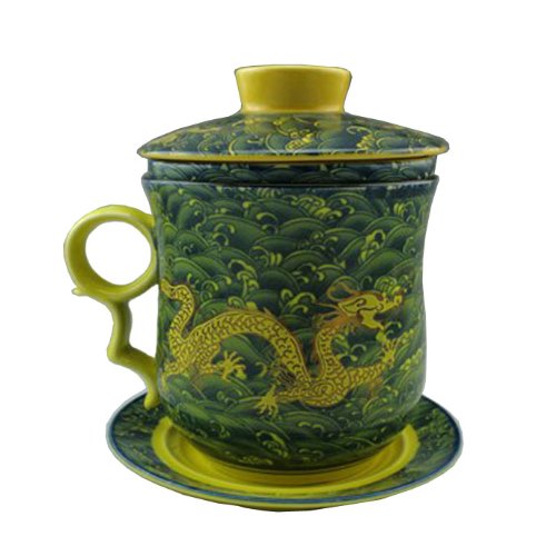 Huanghailang Gold Dragon Tea Cup China Dehua Porcelain Teacup with Lid, Saucer and Filter