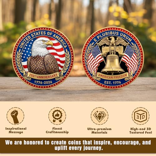 USA 250th Anniversary Coin 1776–2026, American Commemorative Coin, Patriotic Eagle Liberty Bell Coin, E Pluribus Unum US History Challenge Coin, Freedom Token with Protective Case — view 6