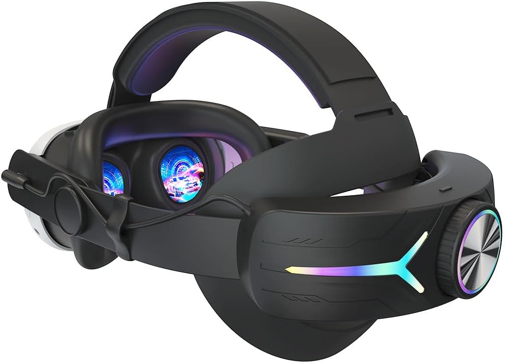 SPEPROECO VR Head Strap for Meta Quest 3 Headset RGB Adjustable VR Replacement Head Band Foldable LED Backlight 8000mAh Rechargeable Soft Padded Head Rest for Meta Quest 3 VR Accessories
