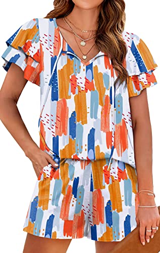 Image of WIHOLL Summer Outfits for Women 2 Piece Short Sleeve V Neck Lounge Sets Casual