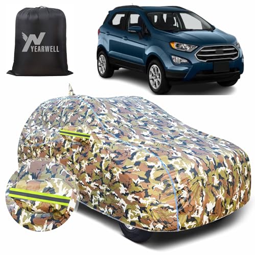 Image of Car Body Cover for Ford EcoSport, 100% Waterproof, Heat-Resistant with Mirror & Antenna Pockets, Soft Cotton Lining, Triple Stitched, Green Reflector (Jungle Print)