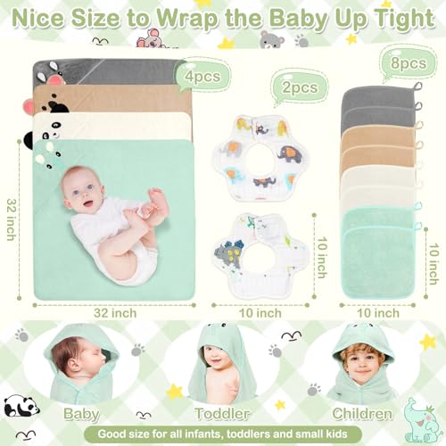 Image of 14 Pcs Baby Towels Washcloths and Baby Bibs Set, 4 Pcs 32x32 Hooded Bath Towel, 8 Pcs Baby Washcloths and 2 Pcs Cotton Baby Bibs for Newborns, Toddlers and Kids, Soft Baby Towel Set for Boys and Girls