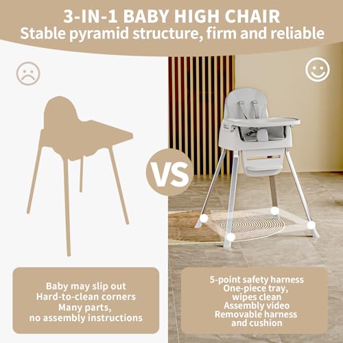 CheerKid 3in1 Baby Highchair for Months & Toddlers Easy Clean Booster Chair | Feeding Chairs with 5 Point Harness Convertible Seat, Adjustable Tray & Footrest, Dishwasher-Safe Tray & PU Leather Cushion - Image 3
