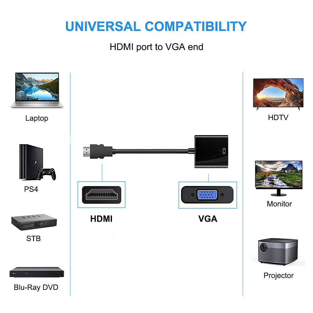 Adaptateur HDMI Vers VGA Avec Audio 3,5 Mm - Compatible PC, Ordinateur Portable, Projecteur, Xbox - Résolution 1080p