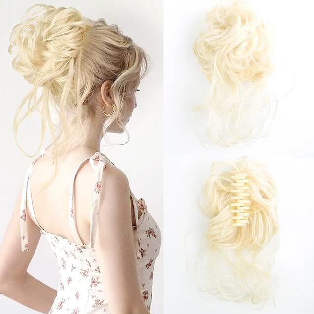 Claw Clip Messy Bun Hairpiece Curly Wavy Ponytail Tousled Updo Donut Chignon Synthetic Hair Extensions for Women Girls (#613)