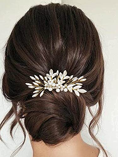 Yean Bride Leaf Wedding Hair Comb Rhinestone Bridal Hair Piece Pearl Hair Accessories For Women And Girls (Gold) #TOP2