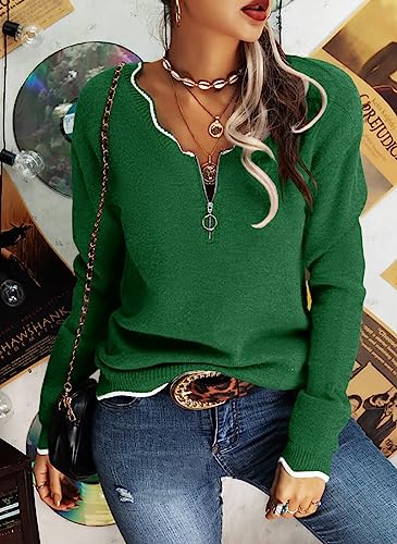 Image of Hongqizo Women's V Neck Long Sleeve Sweater Half Zipper Knit Sweater Casual Cricket Stripe Jumper Pullover Knit Tops