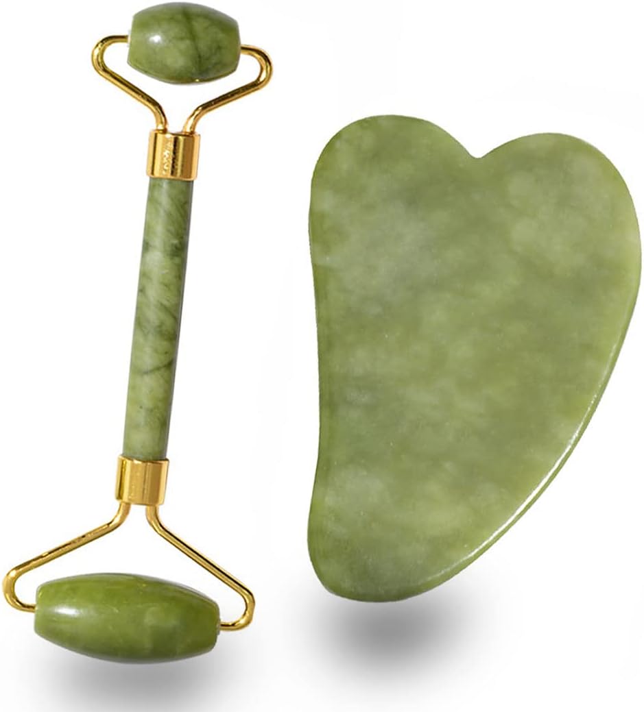 REVHQ Jade Roller for Face and Gua Sha Set Face Roller Natural Jade Stone for Anti Aging,Eye Puffiness Wrinkles,Skincare Massage Tools for Face Eyes