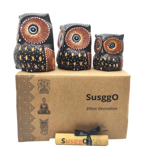 SusggO Set of 3 Decorative Wooden Owls, Owl Decoration, Owl Figures, Lucky Owls, (Brown, Dots, Model 4) - Image 3