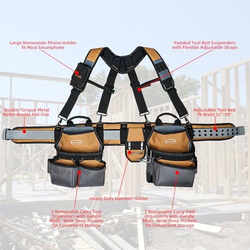 Image of MELOTOUGH 28-Pocket Pro Framer's rig Combo Apron Tool Belt and Heavy Duty Padded Suspenders with Magnetic Desinger for Technician /Carpenter /and Electrician's Tools (Khaki)