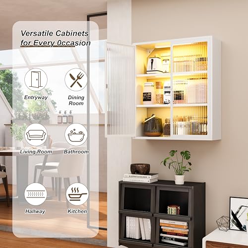 Image of Laundry Room Cabinets Wall Mounted, Metal Bathroom Wall Cabinet with Glass Doors & LED Lights, White Medicine Cabinet for Bathroom, Kitchen, Living Room and Entryway