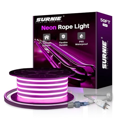 SURNIE 50ft Pink LED Neon Lights,IP65 Waterproof LED Light Strip Flexible Cuttable AC 110V LED Rope Lights DIY,Indoor Outdoor for Residential ,Commercial Building Decoration