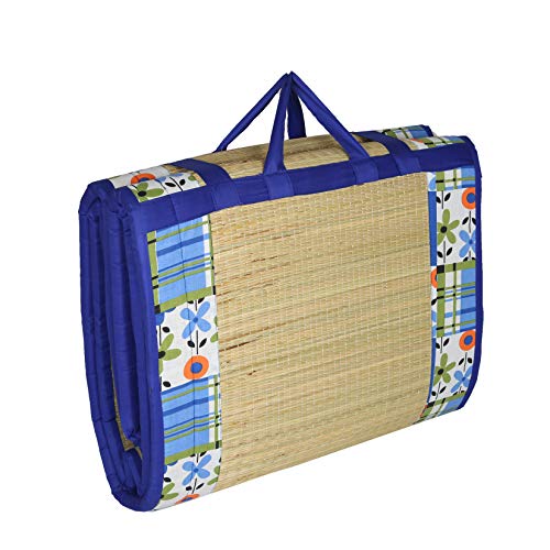 Image of Foldable Mat 6.5 X 6 Feet Korai River Grass chatai Blue Cotton Fabric with 20MM Soft Foam Comfort Cushion