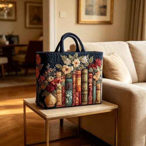 Vintage Books & Flowers Quilted Tote Bags for Women Bookish Womens Handbags - image 5