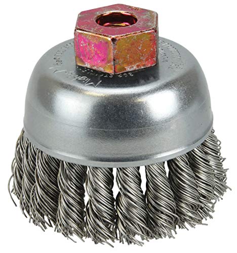 Image of Weiler 13254 2-3 /4 inch Single Row Knot Wire Cup Brush, 0.020 inch Stainless Steel Fill, M10 x 1.50 Nut, Made in The USA