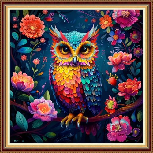 Image of Fanxvivy Stamped Counted Cross Stitch Kits for Adults Printed Cross-Stitch Patterns 11CT Stamped or Counted Cross Stitching Embroidery Kit Needlepoint Kits-Flower owl 18x18 inch