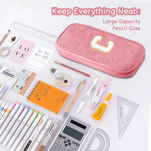 Image of Large Capacity Pink Pencil Case, Cute Pencil Case Pencil Pouch with Zipper For Girls Women, Expandable Preppy Pencil Bag Large Storage High Capacity Bag Organizer for School Home Office Supplies, C