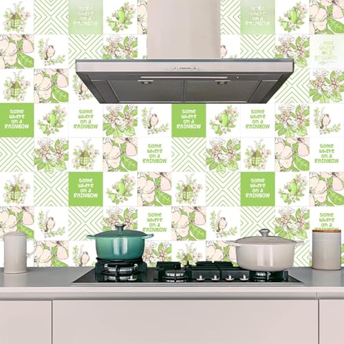 Baldosas Adhesivas Hojas Retro Verdes Suelo Vinilo Autoadhesivo Vinilo Impermeables Panel Revestimiento Ducha para Baño Cocina Gabinete Muebles Decoración Azulejos Adhesivos 20x20cm /10 Piezas