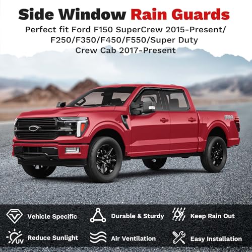 Image of Canvcle Window Visors Rain Guards for 2015-2025 2026 Ford F150 SuperCrew /2017-2026 F250 /F350 /F450 /F550 /Super Duty Crew Cab Accessories, Tape-On Side Window Wind Deflectors Vent Visors Rainproof Black