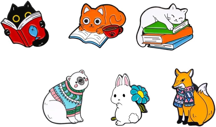 Lot De 6 à 9 Broches En émail Animalier – Alliage émaillé, Motifs Chat, Chien, Axolotl… – Pour Sacs, Vêtements