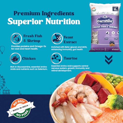 Image of Carniwel Fresh Fish & Shrimp Adult Dry Cat Food 10 Kg | Fresh & Natural Ingredients | Highly Palatable | Supports Healthy Skin & Glossy Coat | Premium Nutrition for Adult Cats
