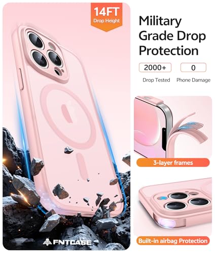 Image of FNTCASE for iPhone 13 Pro Case: Magnetic Translucent Matte Slim Cases with [Tempered Glass Screen Protector] [Full Camera Protection] Military Grade Shockproof Protective Phone Cover(Light Pink)