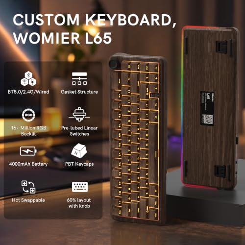 Image of womier L65 60% Brown Mechanical Keyboard with Knob,4000mAh,Tri Mode USB-C /BT5.0 /2.4G,RGB Backlit,Hot Swap,Linear Switch,Gasket Mounted Wireless Gaming Keyboard for PC /Mac,Wood Pattern Theme