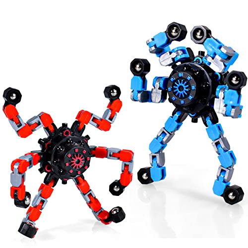 Transformable Chain Robot Toy - Fingertip Spinners Toy-Fidget Spinner Fidget Toy Pack - Pop It Fidget Spinner - Fidget Toys for Kids- Stress Relief Fidget Spinner Toy(red+Blue)