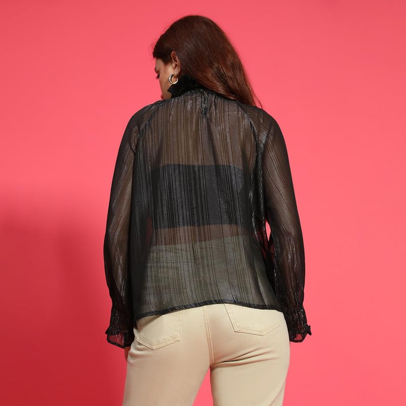 Image of oxolloxo Women Round High Neck Long Sleeve Semi Sheer Top
