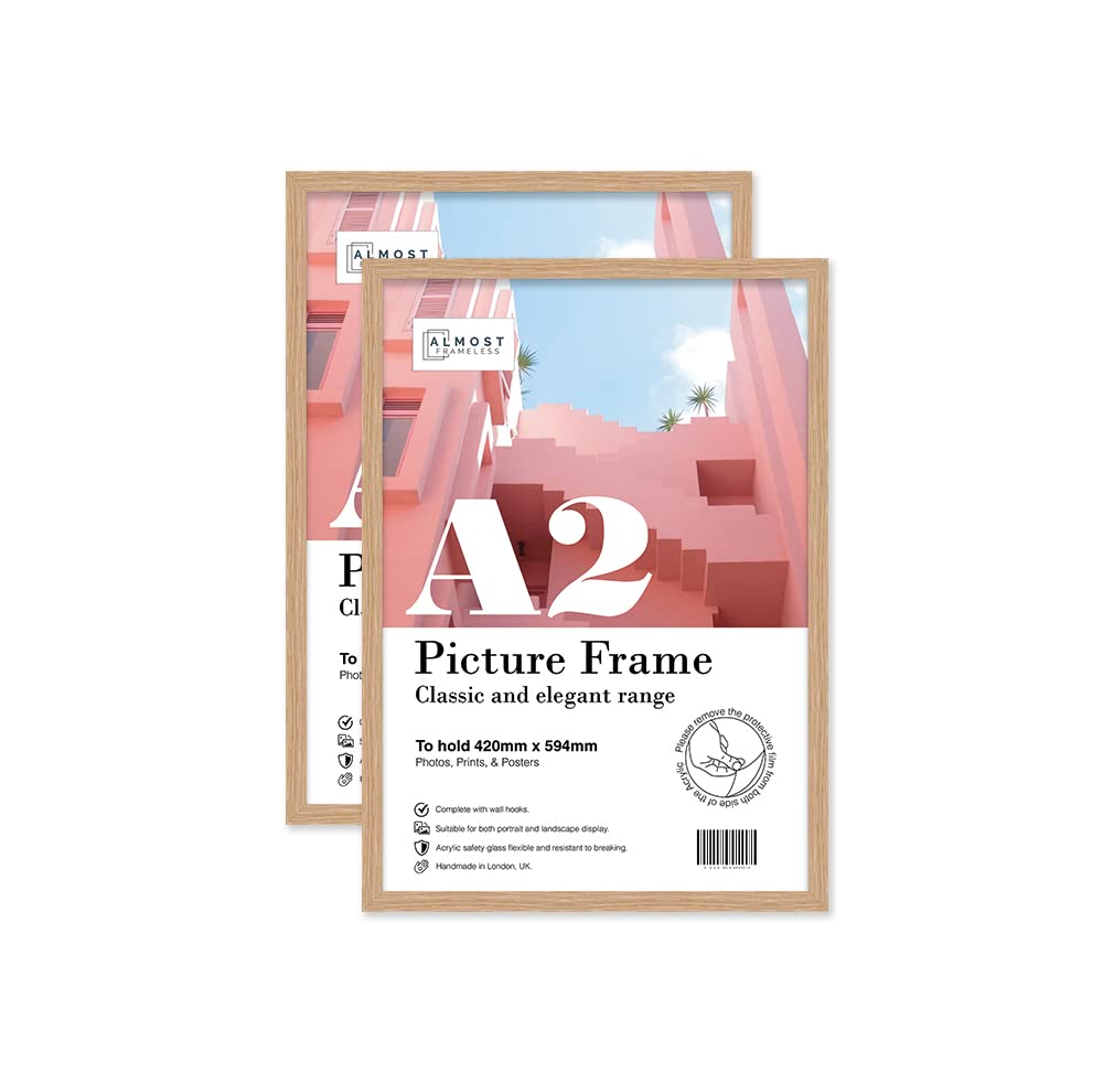 Almost Frameless Oak A2 Picture Frame Set Of 2, Display A2 Picture Gallery Wall, Poster, Photo, Artwork, Or Print,