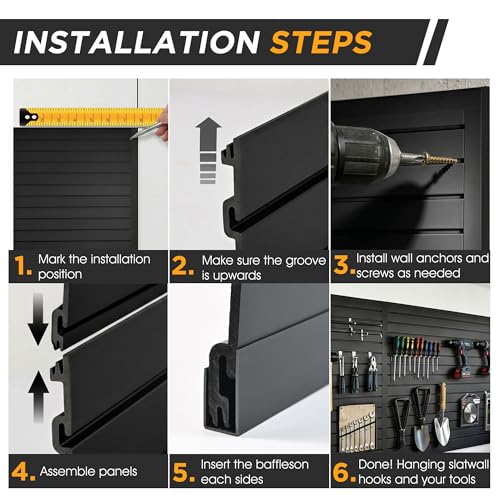 Slatwall Panel Garage Storage System, 4'x8' PVC Slat Wall Paneling, Heavy Duty Wall Mount Slatwall Organizer for Garage Tool Organization, Retail Display, Guitar Shop & Home Wall Storage, Black by Caquerol - Image 3