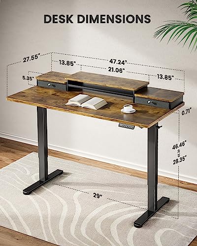 Ergear Electric Standing Desk With Double Drawers, 48X24 Inches Adjustable Height Sit Stand Up Desk, Home Office Desk Computer Workstation With Storage Shelf, Vintage Brown #TOP2