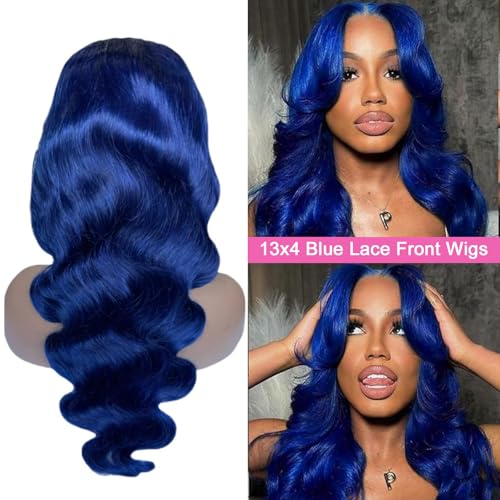 Image of 26 Inch Drak Blue 13x4 Body Wave Lace Front Wigs Human Hair 180 Density Glueless HD Transparent Lace Frontal Wigs Human Hair Pre Plucked With Baby Hair Blue Wigs For Women