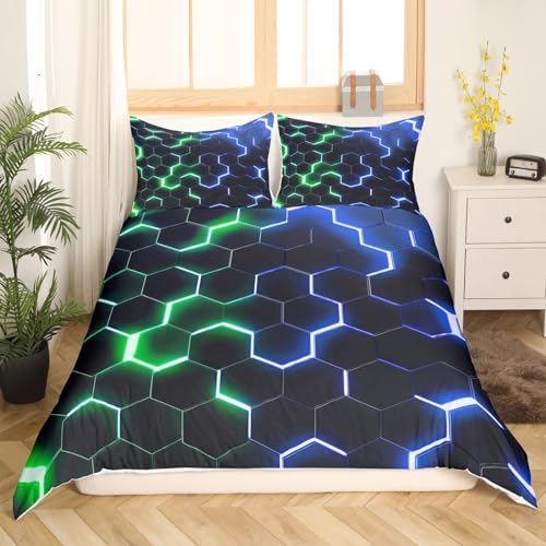 Housse de couette motif hexagonal vert bleu néon lot de 2 lit enfant S - 4
