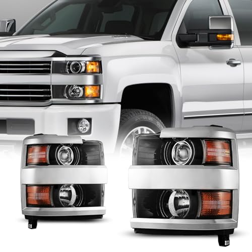 Nixon Offroad Projector Headlights Assembly for 2015-2019 Chevy Silverado 2500 3500 HD OE Style Halogen Front Lamps w/Bulbs Driver & Passenger Side (Chrome Housing Clear Lens)