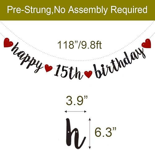 Miniatura 2 de SUNbetterland - Cartel de feliz cumpleaños número 15, guirnaldas de papel con purpurina negra y roja para suministros de decoración de fiesta de