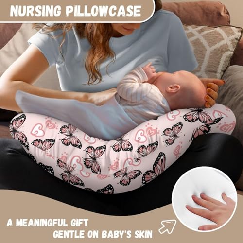 Image of Pink Butterfly Nursing Pillow Cover for BAB, Stretchy Breastfeeding Pillow Slipcover for Bottle Feeding, Easy to Clean Custom Gifts for Toddler Infant