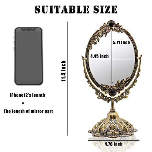 Hohiyo Vintage Makeup Desk Mirror With Wood Comb, Two Sided Swivel Tabletop Antique Oval Mirror With Metal Embossed Frame And Stand For Bathroom Bedroom Mirror (Small&Antique Bronze) #TOP1