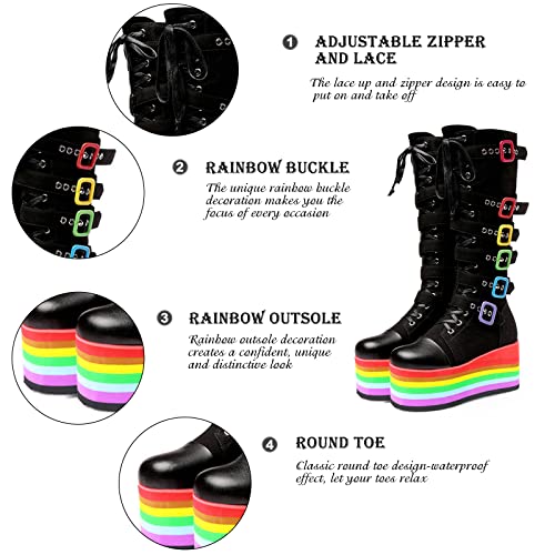 Femflame Platform Boots For Women Rainbow Platform Boots Gothic Mid Calf Boots Combat Punk Booties With Rainbow Buckles #TOP2
